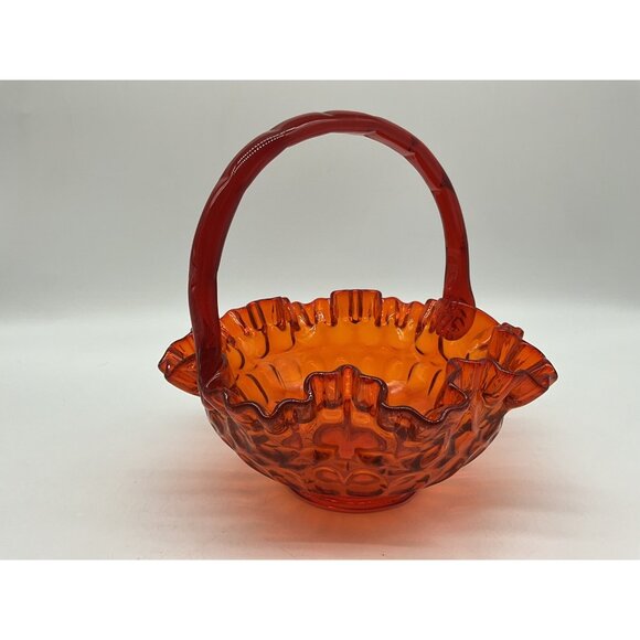 Fenton VTG Red Orange Amberina Thumbprint Glass Basket Ruffled Edge Grandmacore - Picture 7 of 16